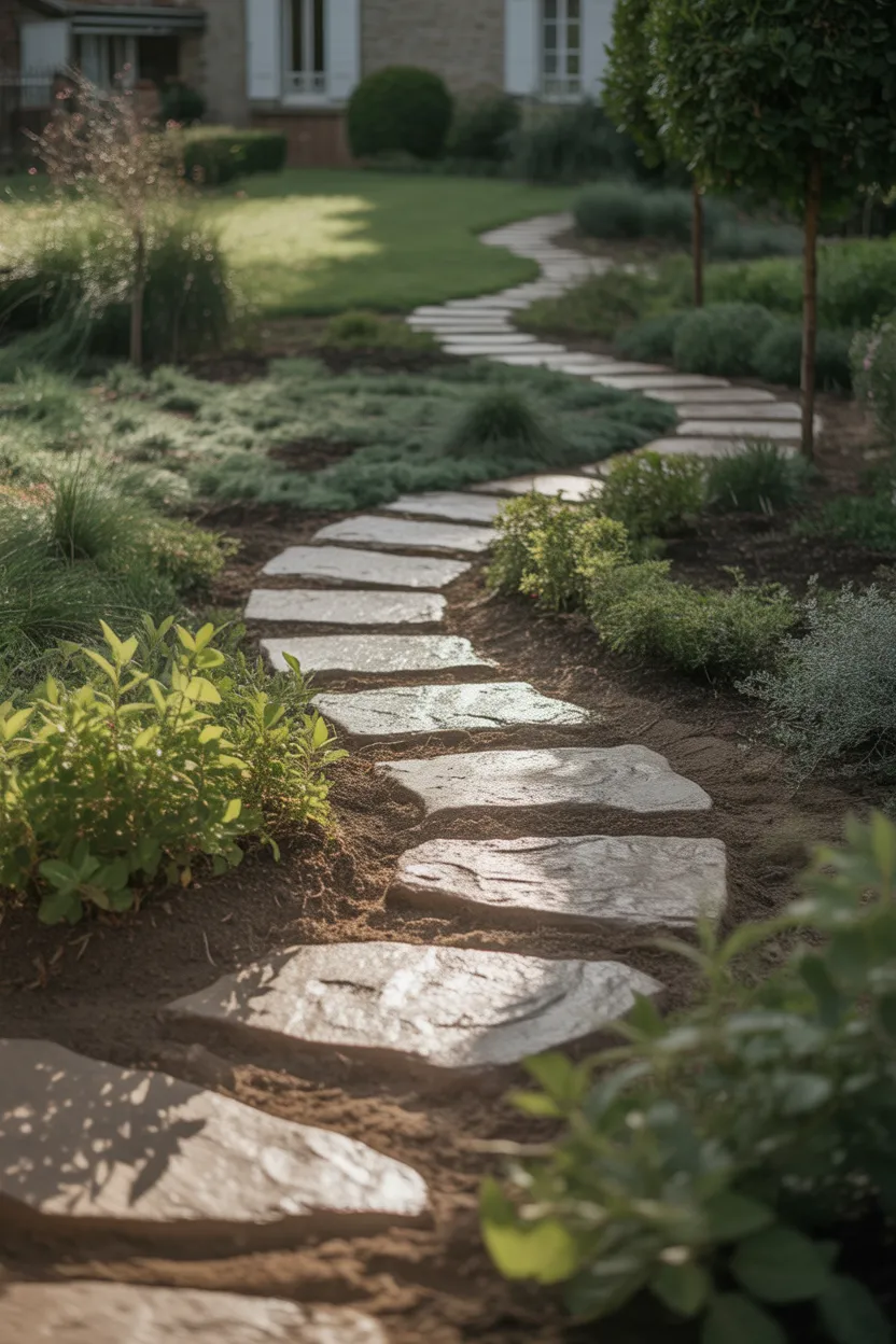 Allée de jardin en pavés naturels bordée de végétation
