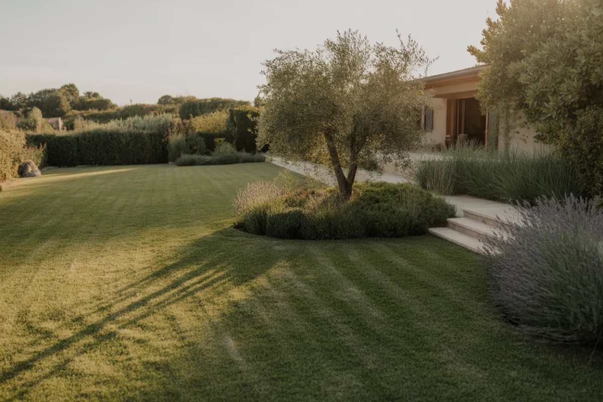 Aménagement complet d'un jardin de villa avec terrasse et massifs