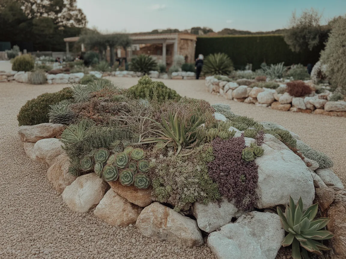 Aménagement de rocaille décorative avec plantes succulentes